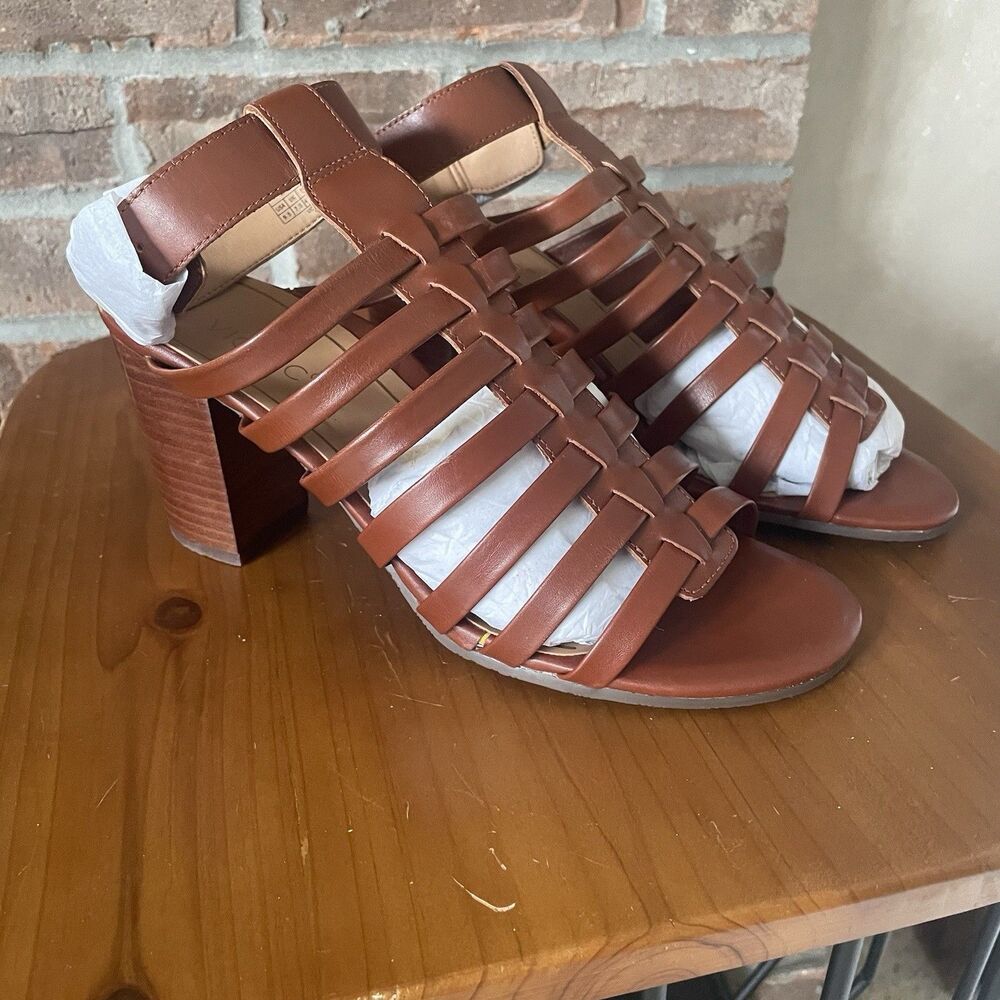 NEW Vionic Sami Block Heel Sandal 9.5W Wide Caged Brown Gladiator Comfort